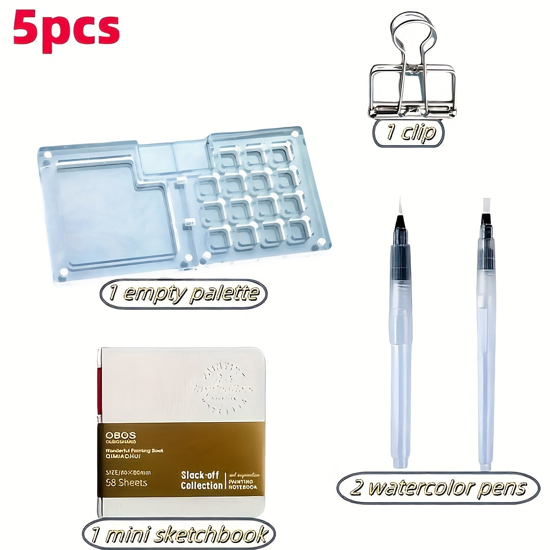 5pcs Mini Acrylic Painting Kit w/ Palette, Brushes, Clip, Sketchbook
