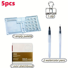 5pcs Mini Acrylic Painting Kit w/ Palette, Brushes, Clip, Sketchbook