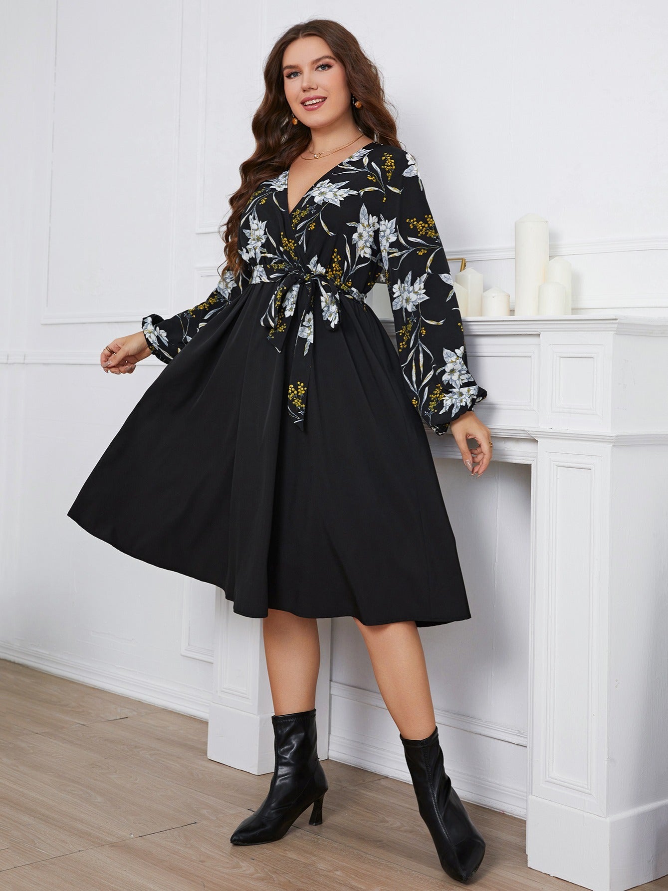  Floral Print Wrap Flared Midi Dress With Belt