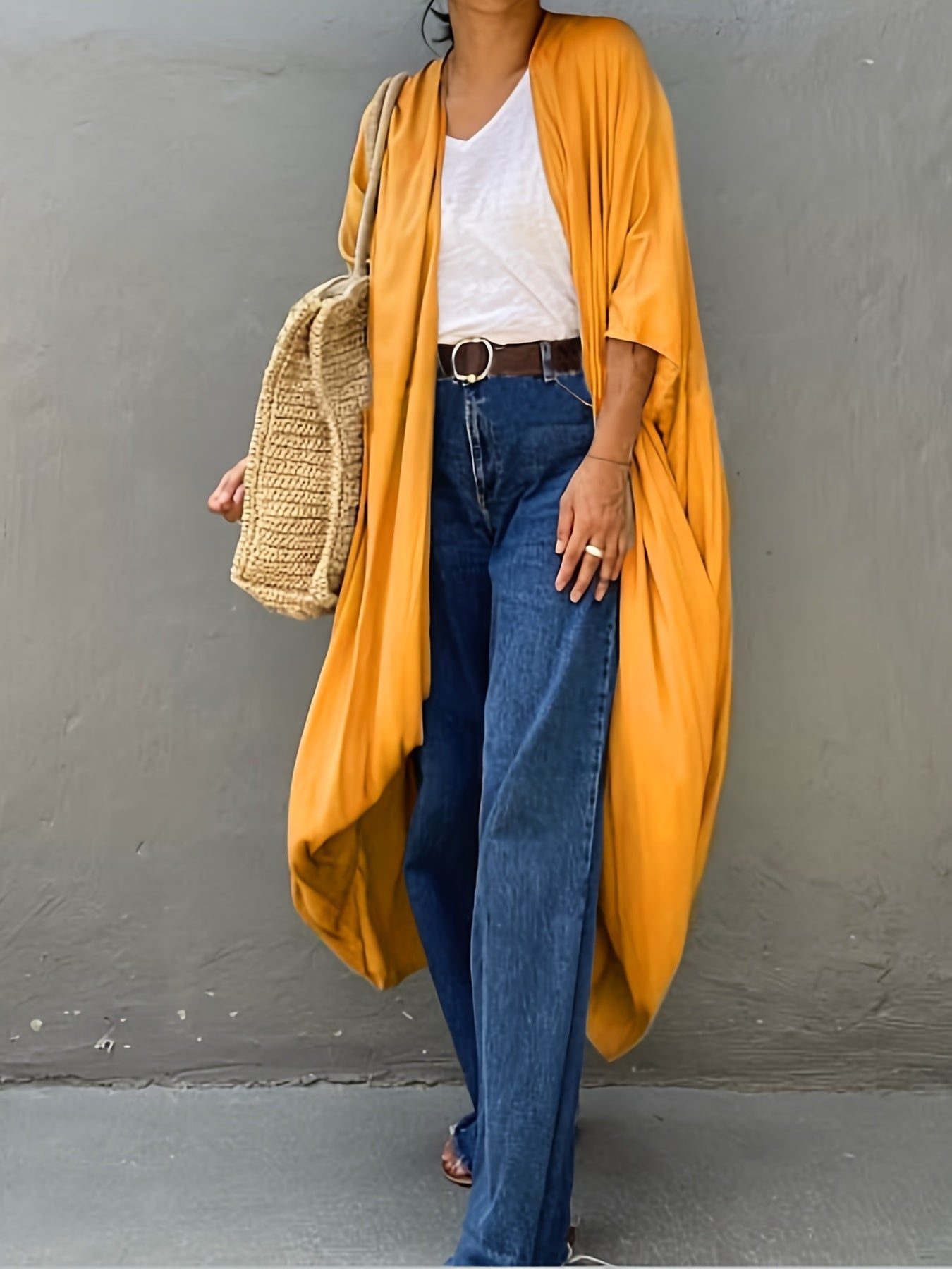 Solid Cover Up Shirt V Neck Loose Fit Non Stretch Beachwear Kimono