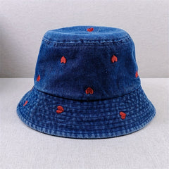 Heart Embroidery Bucket Hat Women Sunshade Fisherman Cap