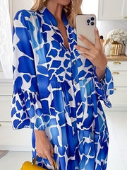  Women's Random Print Button Up Bell Sleeve Mock Neck Mini Dress