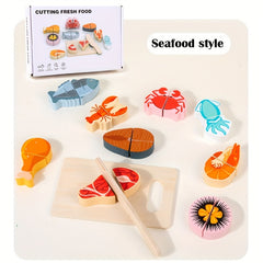 Wooden Reusable Play Kitchen Set with Fruits, Seafood, Desserts, and Cutting Kit