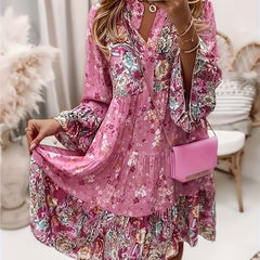  Boho Dress Women's Plus Floral Print Long Sleeve Smock Dress