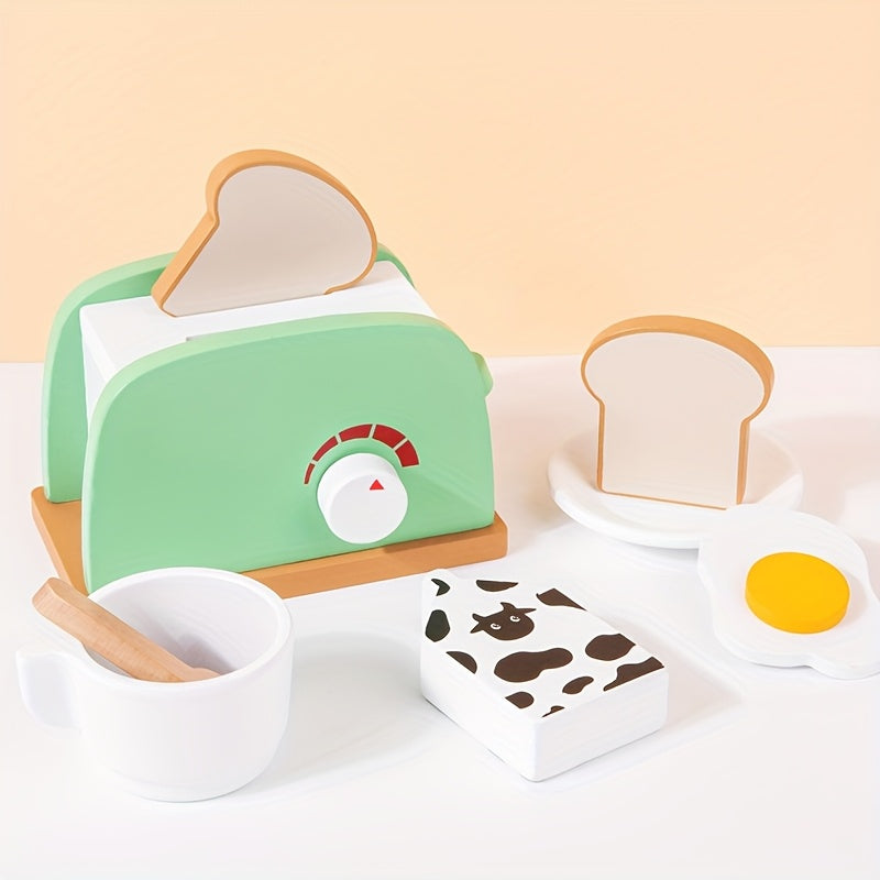 Wooden Kitchen Toy Pop Up Bread and Butter Toaster Set Play Bread Maker Kitchen