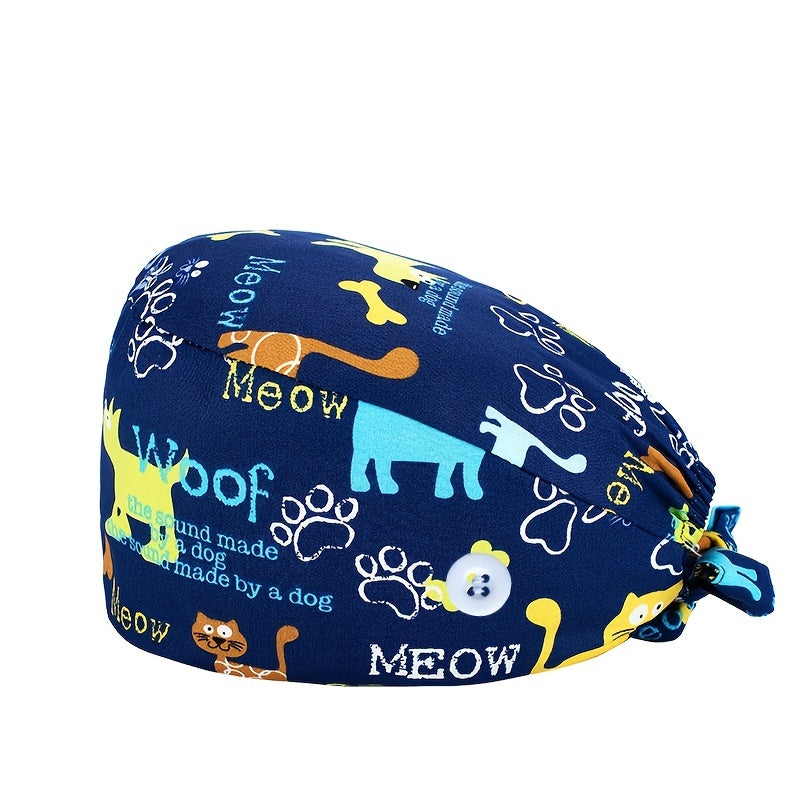 Cartoon Pattern Nurse Hat with Button Adjustable Scrub Cap