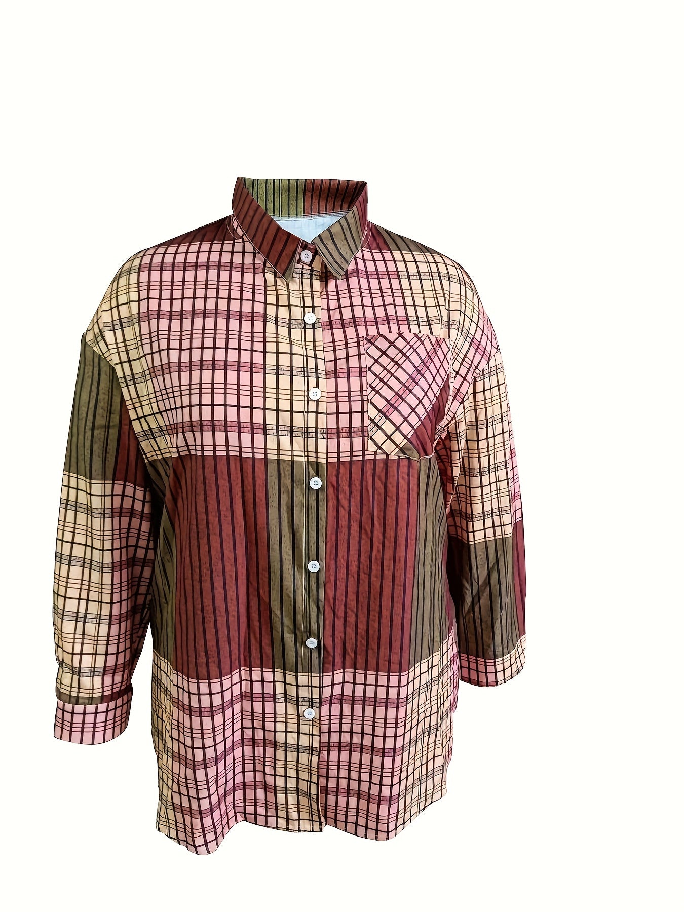  Colorblock Plaid Blouse Long Sleeve Button Up