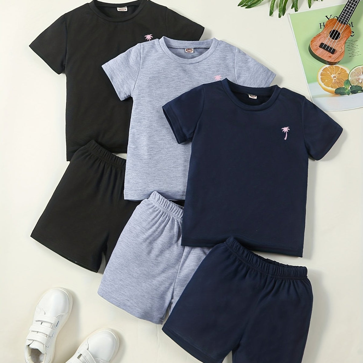 3pc Boys Short Sleeve Tshirt & Shorts Set Coconut Tree Print Casual Kids Clothes