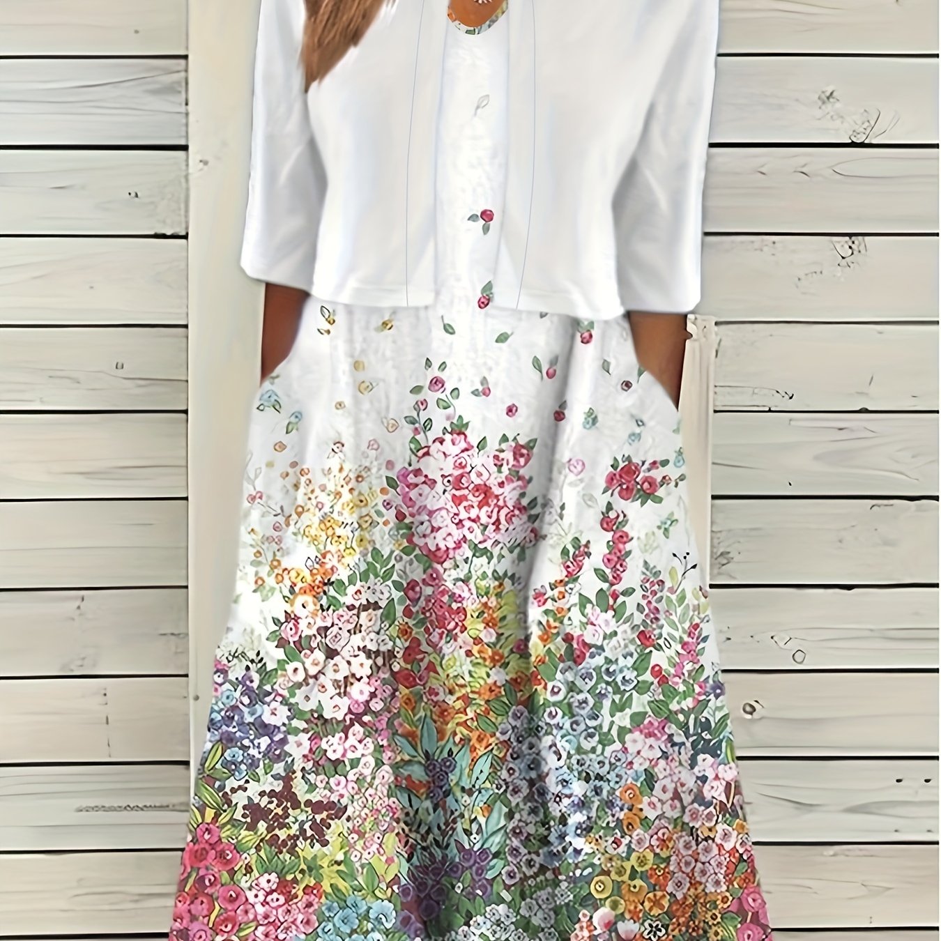 Two Piece Set Cropped Cardigan & Floral Print Dress
