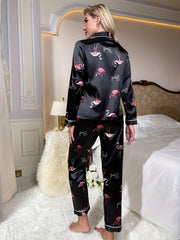 Crane Print Pajama Set Long Sleeve Top & Pants