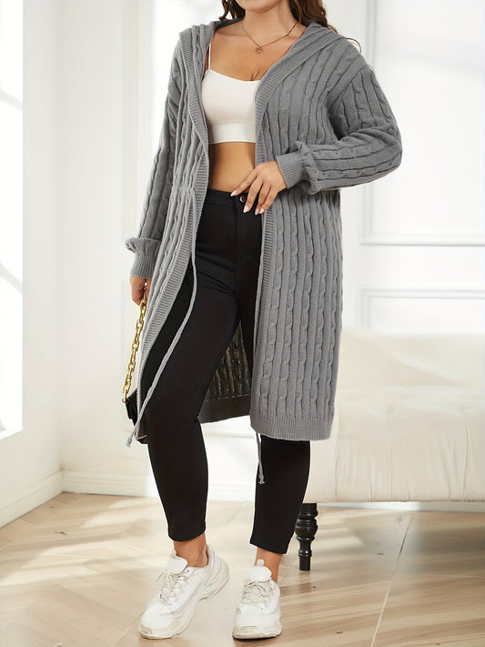  Cable Knit Hooded Cardigan Long Sleeve Drawstring