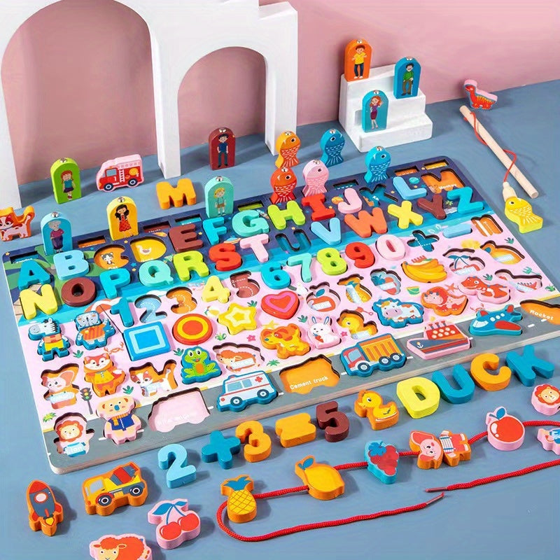 Montessori Wooden Preschool Math Toy Traffic Fishing Busy Board