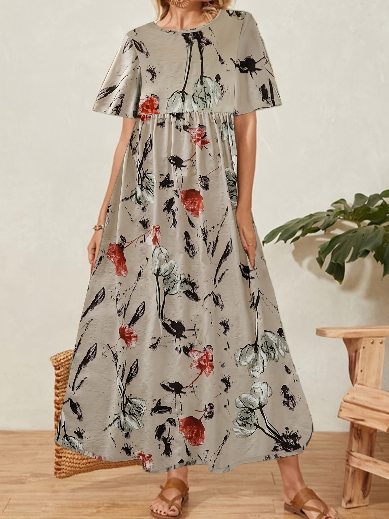  Casual Dress Women's Plus Floral Print Short Sleeve Round Neck Dress