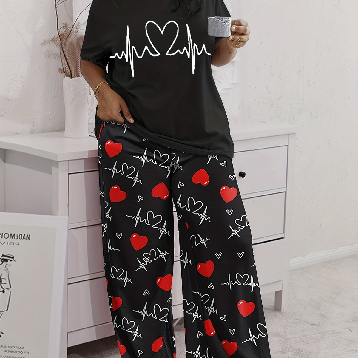  Heart Graphic Tee & Wide Leg Pants Pajamas Set