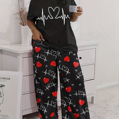 Heart Graphic Tee & Wide Leg Pants Pajamas Set