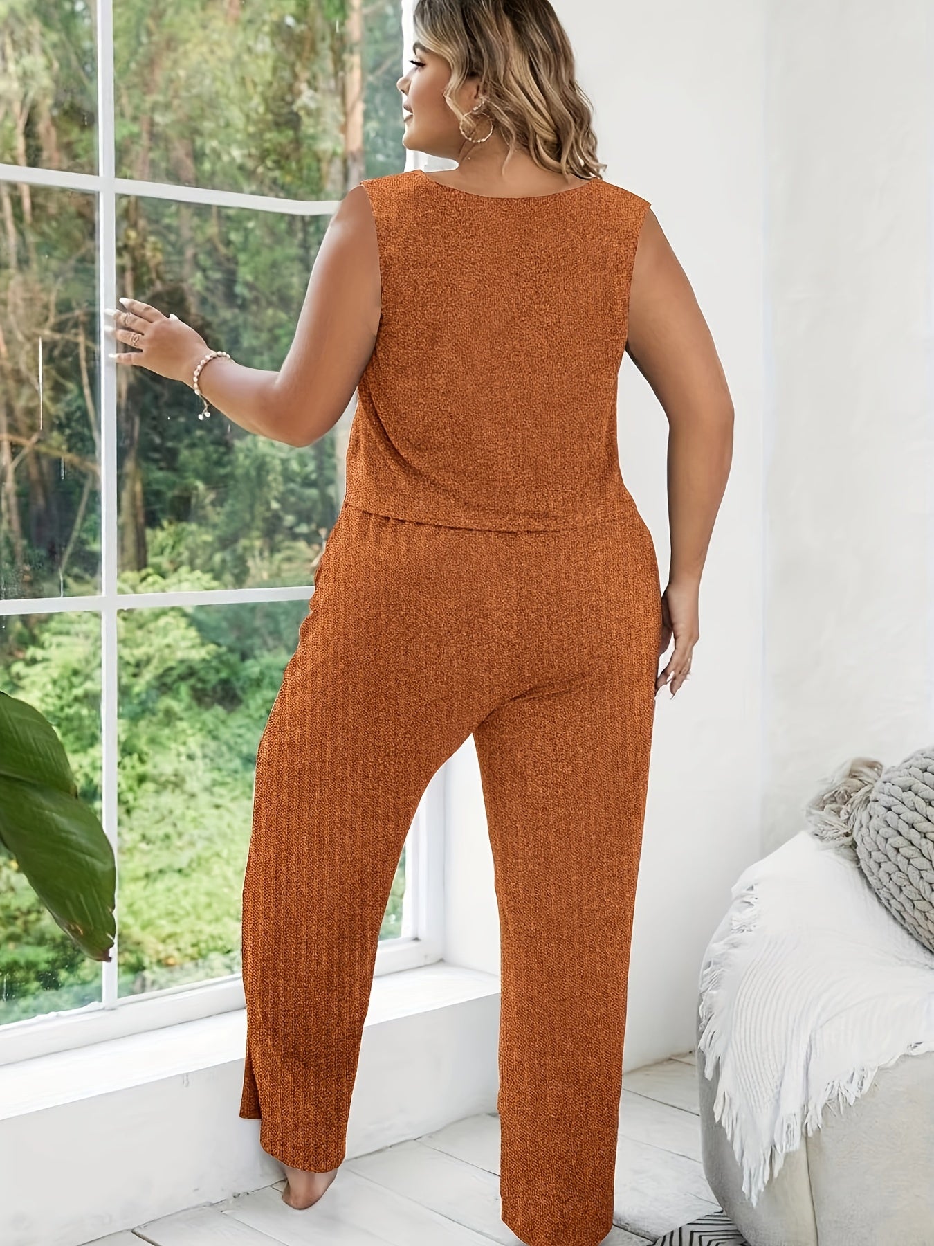  Lounge Set Women's Solid Stretch Crop Tank & Tie Pants Pajama Set