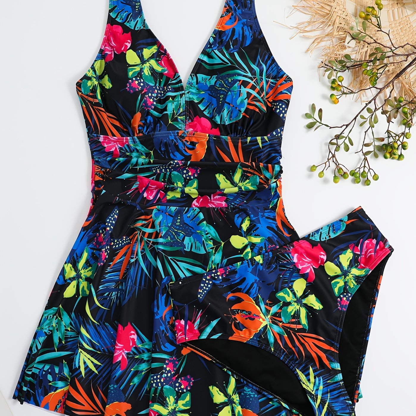  Tropical Print Tank Top & Panties Swimsuit Set