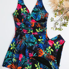  Tropical Print Tank Top & Panties Swimsuit Set