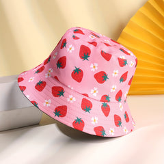Pink Strawberry Print Bucket Hat Reversible Fisherman Cap Sunscreen Basin Hat