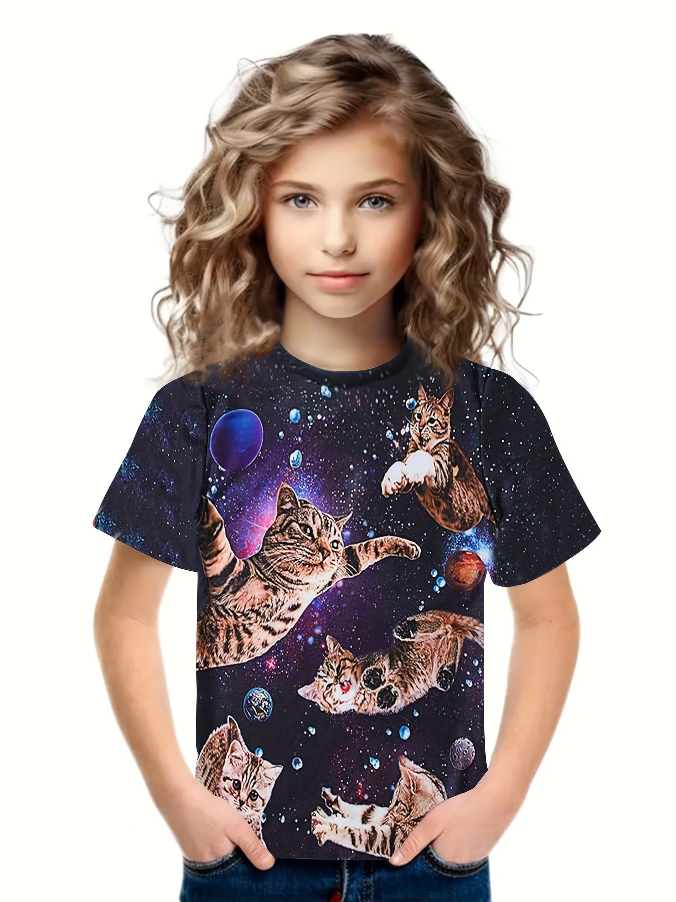 Breathable Astronaut Kitty Short Sleeve T-shirt Girls Spring Summer Gift