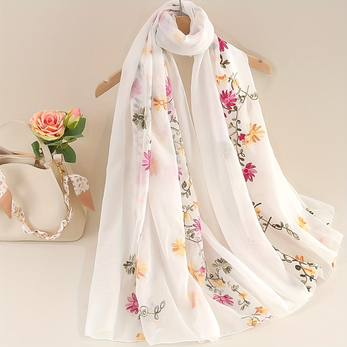 Flower Embroidery Scarf Solid Shawl Casual Head Wrap Hijab