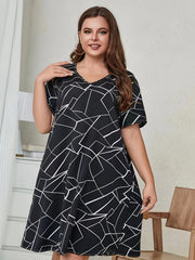  Women's Geo Print V Neck Dress