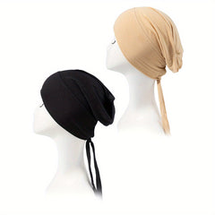 2pcs Lace Up Turban Inner Cap Head Wrap Hijab Underscarf Bonnet Beanie