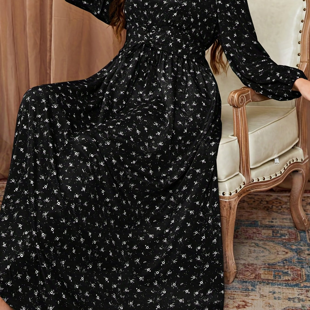 Plus Size Retro Dress Women's Plus Ditsy Floral Print Lantern Sleeve Square Neck