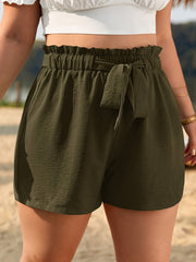 Plus Solid Elastic Drawstring High Rise Loose Fit Casual Shorts