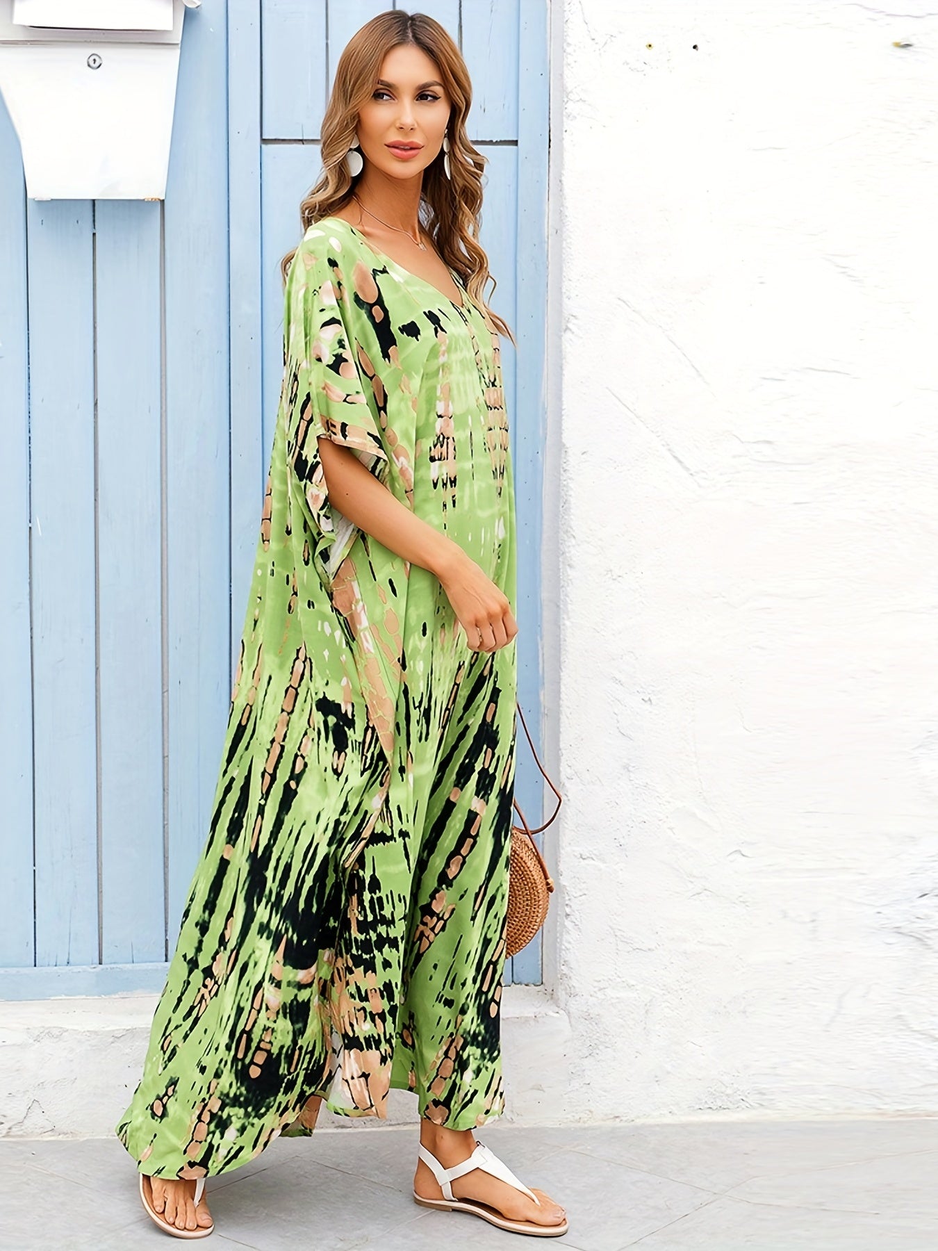  Tie Dye V-Neck Bat Sleeve Cover Up Dress