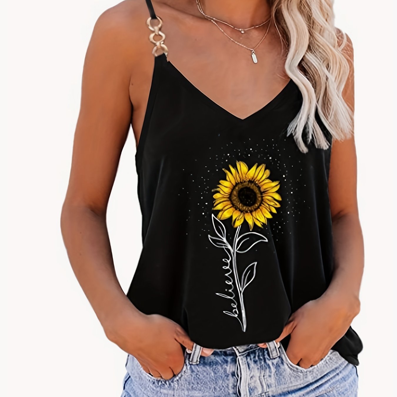  Sunflower Print Chain V Neck Cami Top