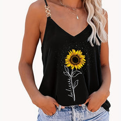  Sunflower Print Chain V Neck Cami Top
