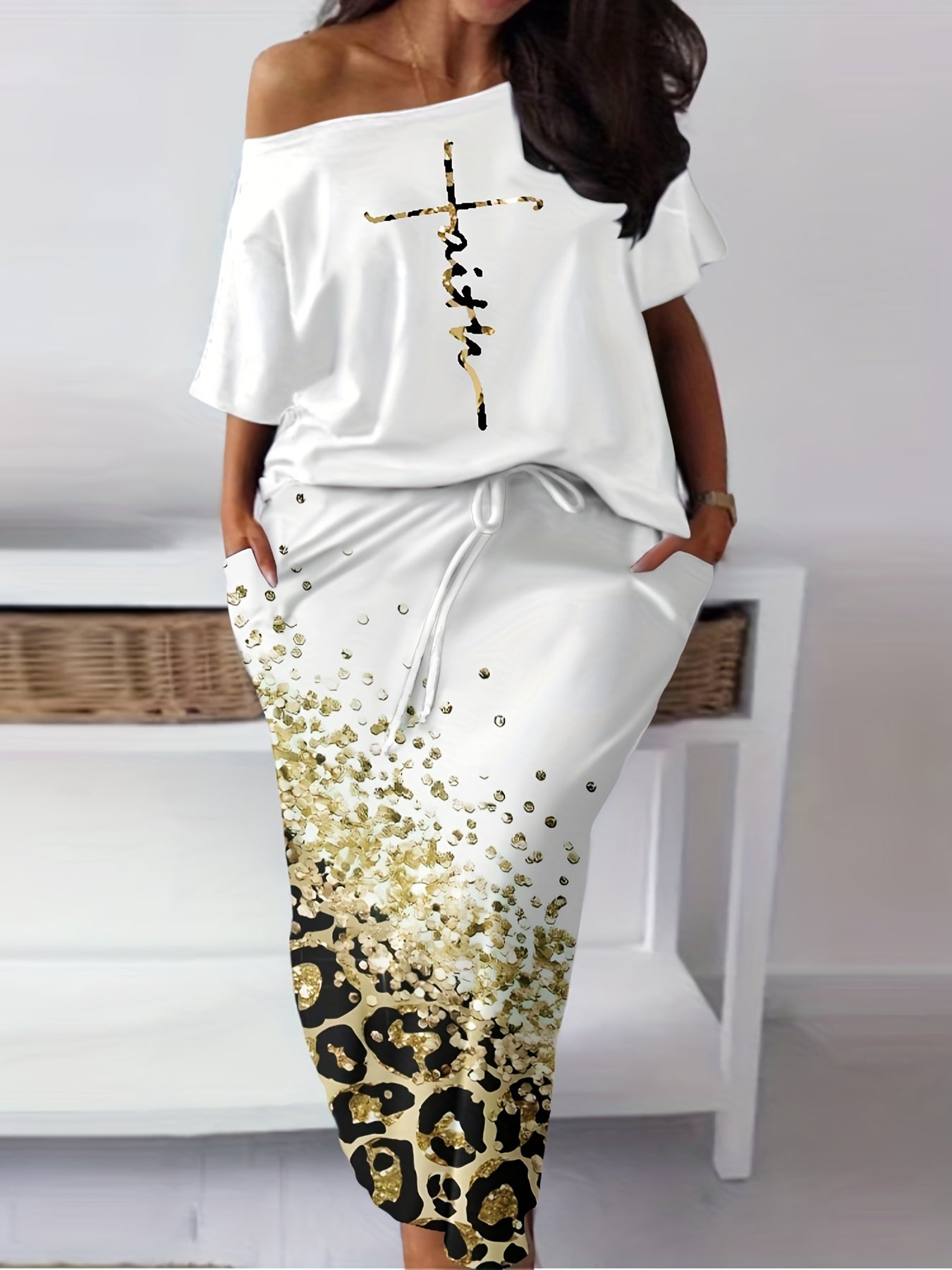  Women's Casual Two Piece Set Letter Print Top & Maxi Skirt