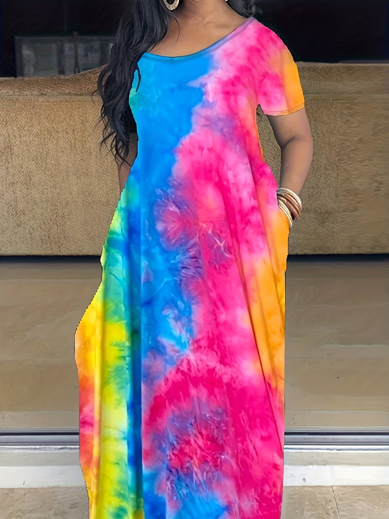  Tie Dye Print Maxi Dress with Pocket