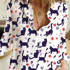  Cat Print Button Up Long Sleeve Collar Blouse