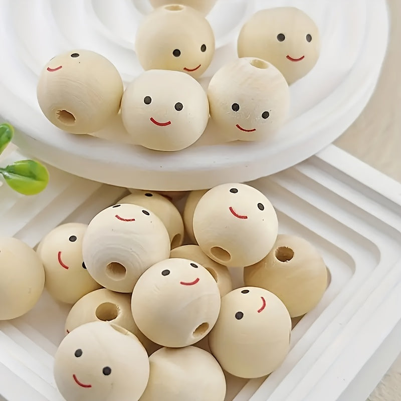 20pcs Smiling Face Wooden Beads Round Expression Loose Beads