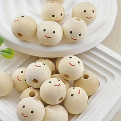 20pcs Smiling Face Wooden Beads Round Expression Loose Beads