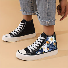 Women's Floral High Top Canvas Sneakers Lightweight Lace Up Board Shoes