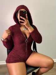  Solid Fleece Zip Long Sleeve Hooded Romper