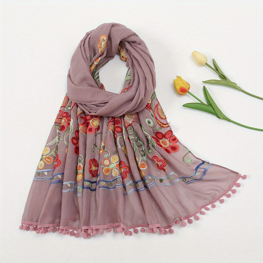 Vintage Flower Embroidery Scarf Tassel Shawl - Boho Hijab