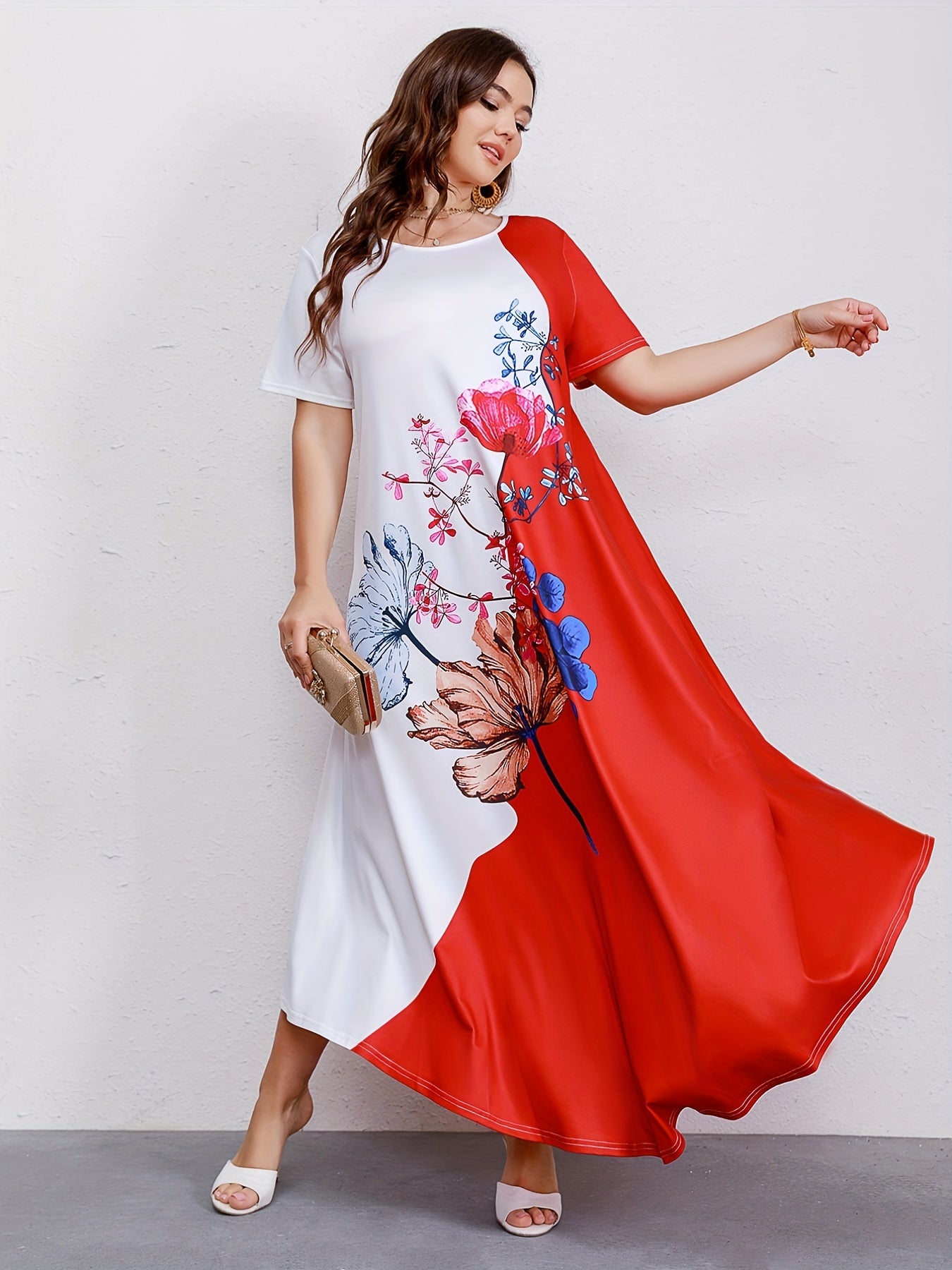  Colorblock Floral Print Maxi Dress