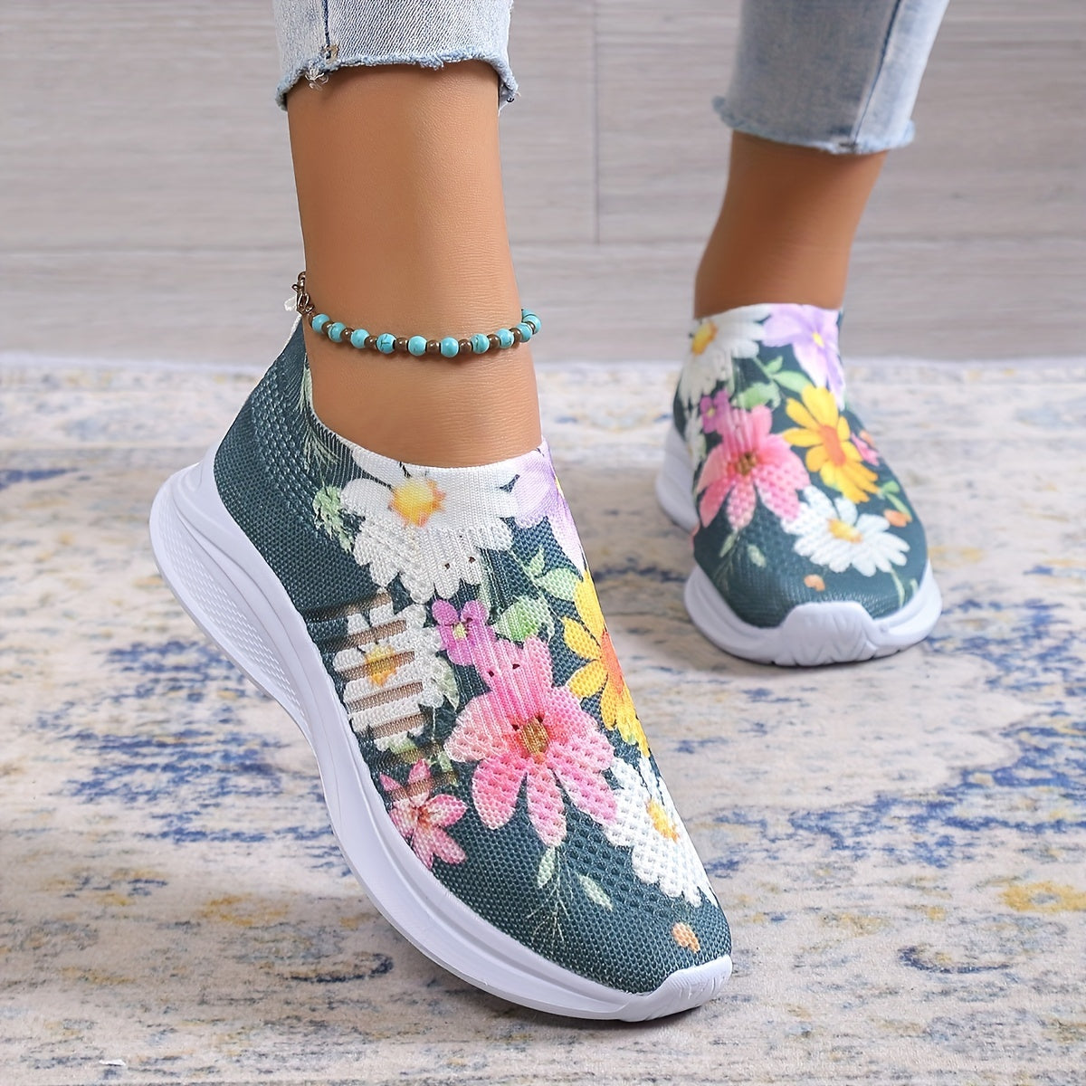 Women's Floral Flat Shoes Slip On Low Round Toe Casual Comfy Light Shoes
