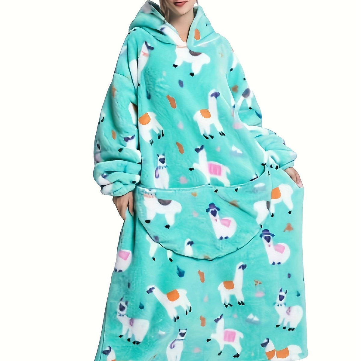  Alpaca Pattern Sherpa Fleece Hooded Nightgown