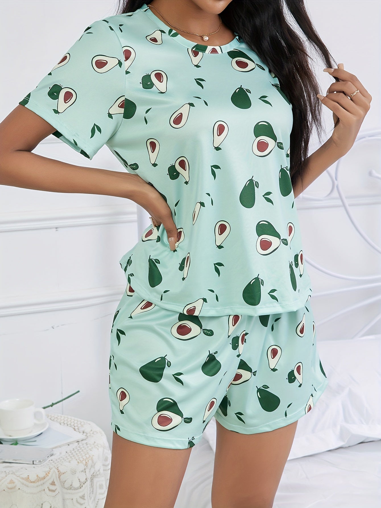Avocado Print Pajama Set Short Sleeve Crew Neck Top & Elastic Waistband Shorts