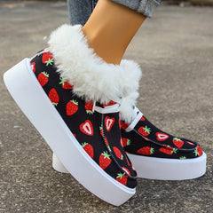Women's Strawberry Print Warm Sneakers Low Top Sport Shoes