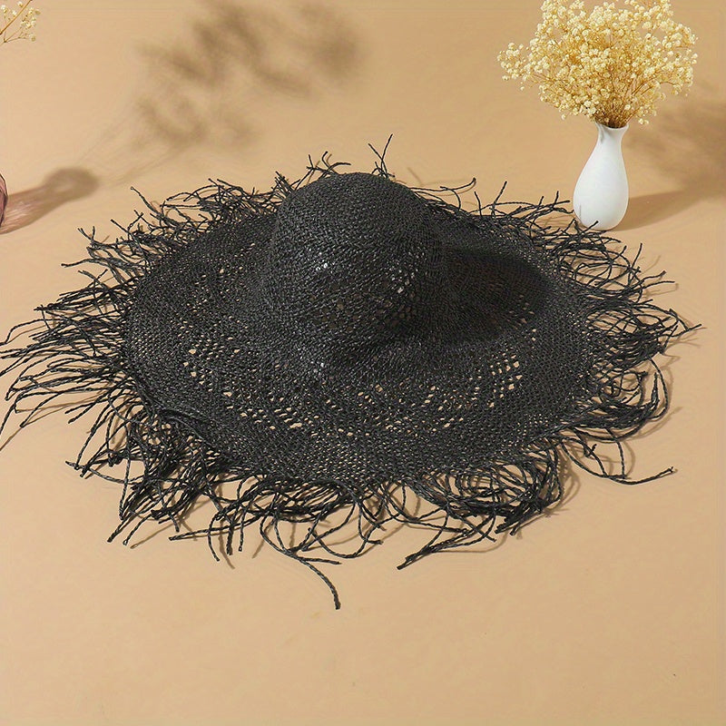 Boho Oversized Straw Sun Hat Raw Brim Beach Hats For Women Summer