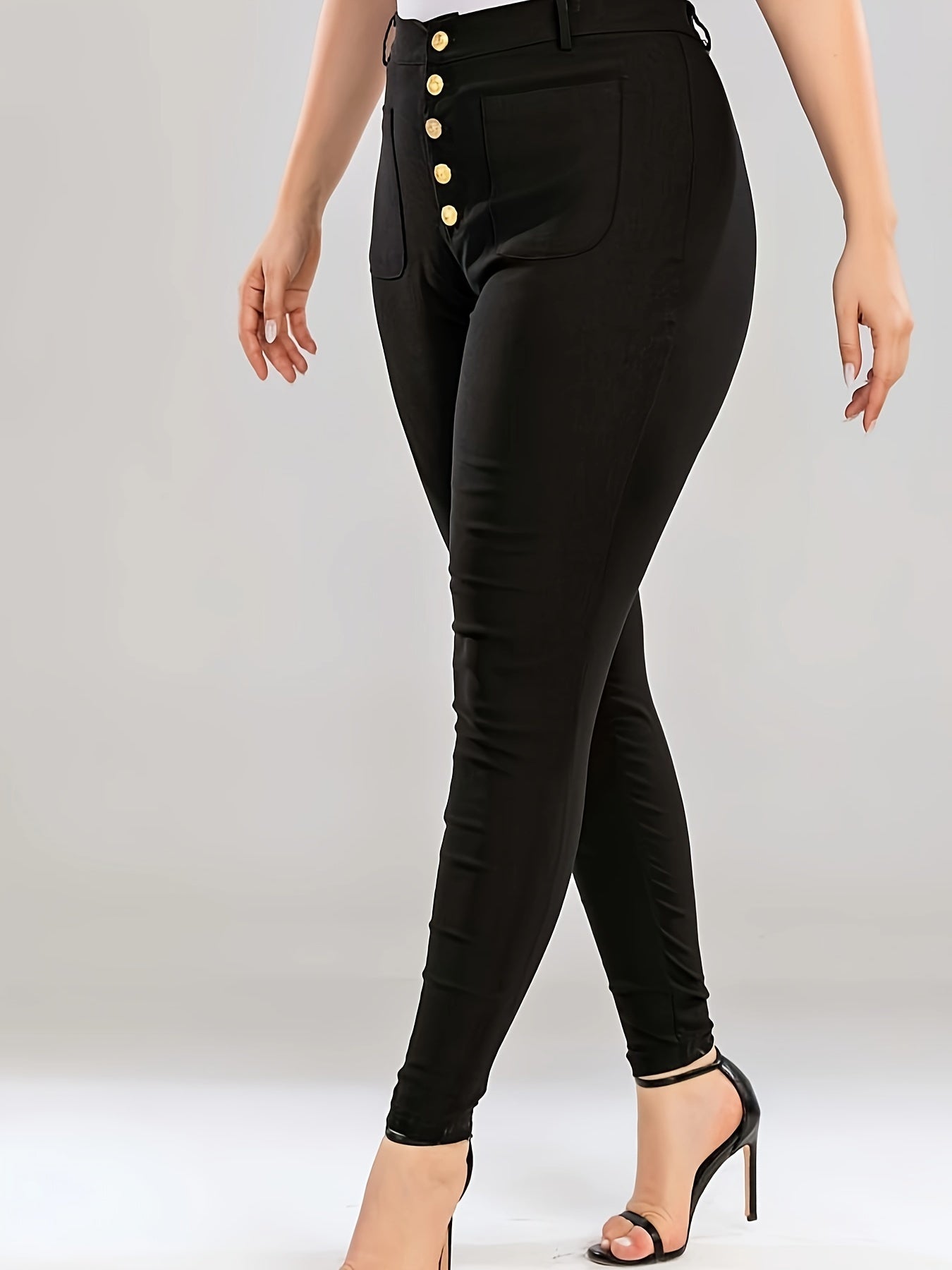 Solid High Waisted Button Skinny Pants Plus Size