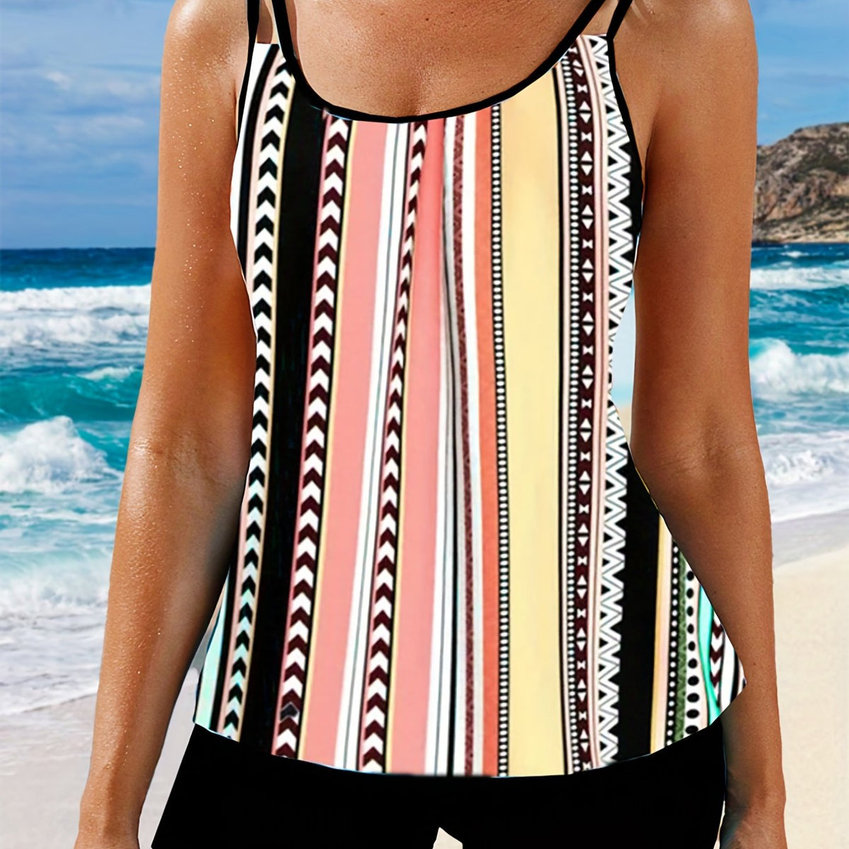  Stripe Print Tankini Set Women's Plus Cami Top & Shorts Swimsuit