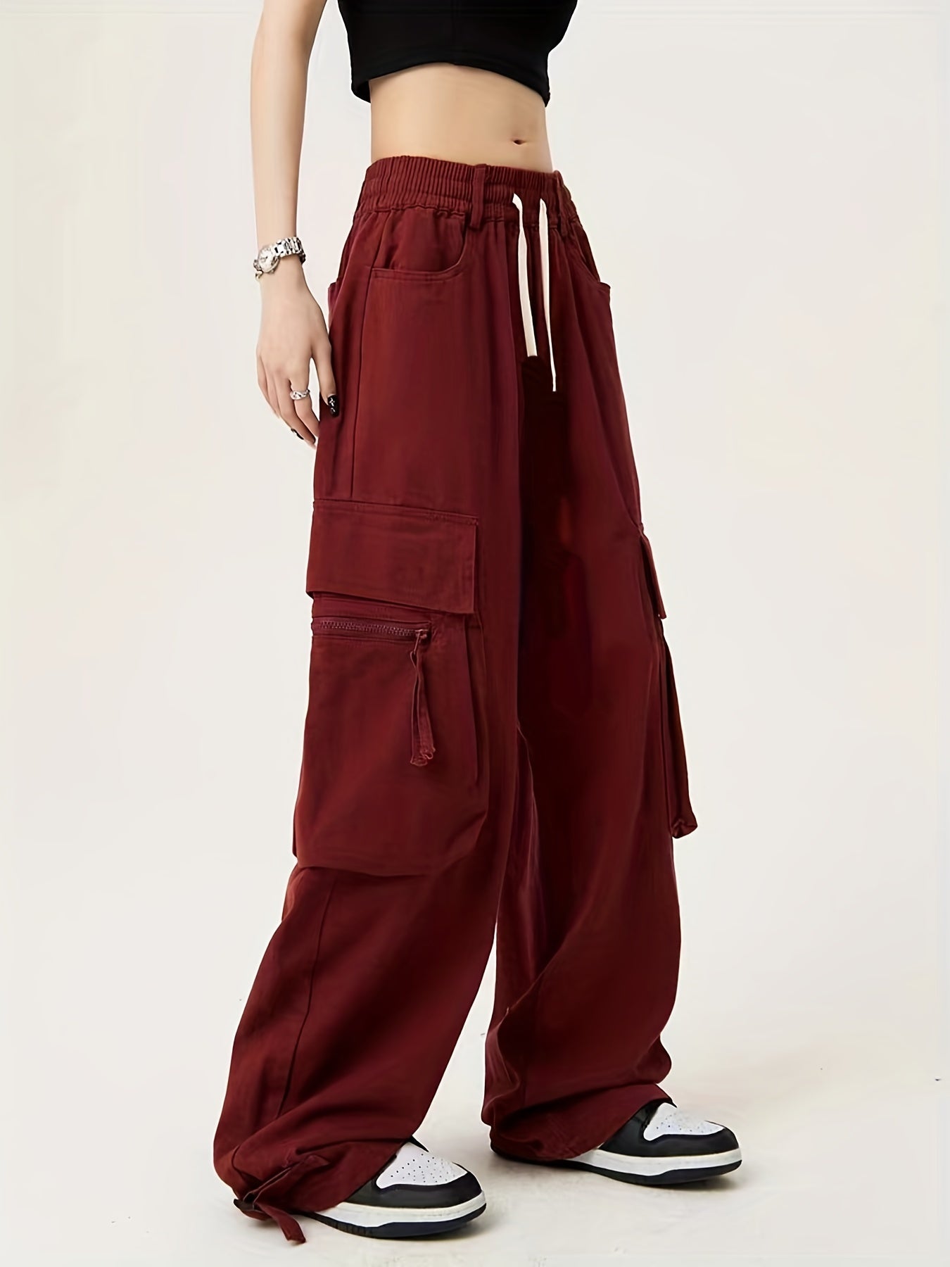  Solid Buckle Detail Wide Leg Trousers