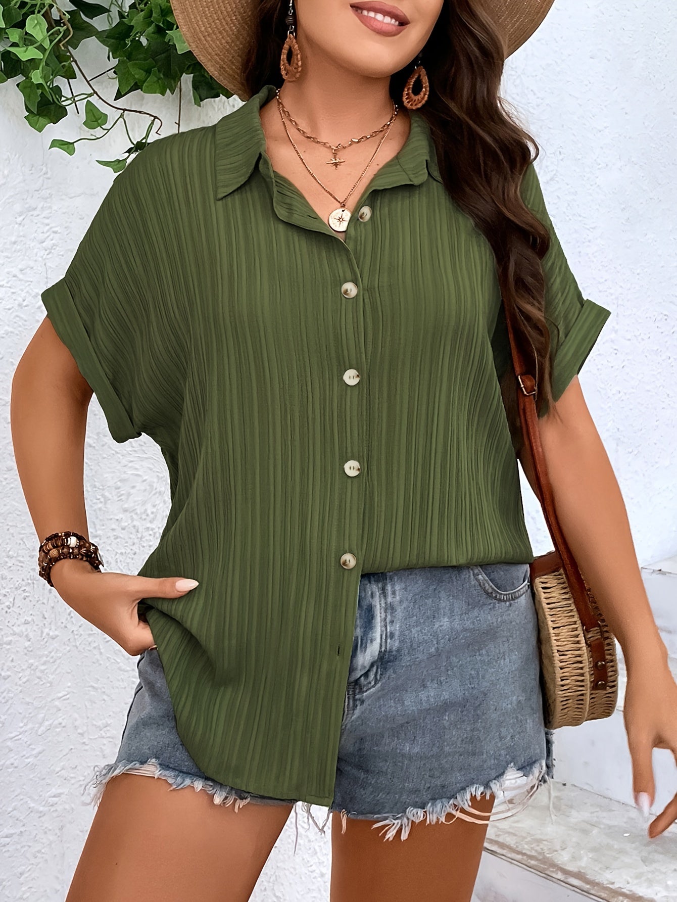 Textured Batwing Sleeve Button Up Blouse